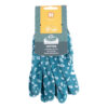 Blaue Handschuhe für die Gartenarbeit mit lustigem Aufdruck.