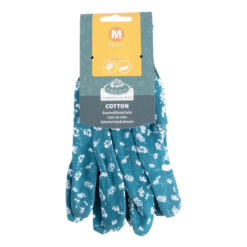 Blaue Handschuhe für die Gartenarbeit mit lustigem Aufdruck.