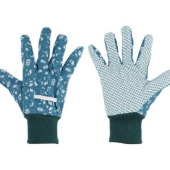 Fröhliche blaue Gartenhandschuhe mit Aufdruck.