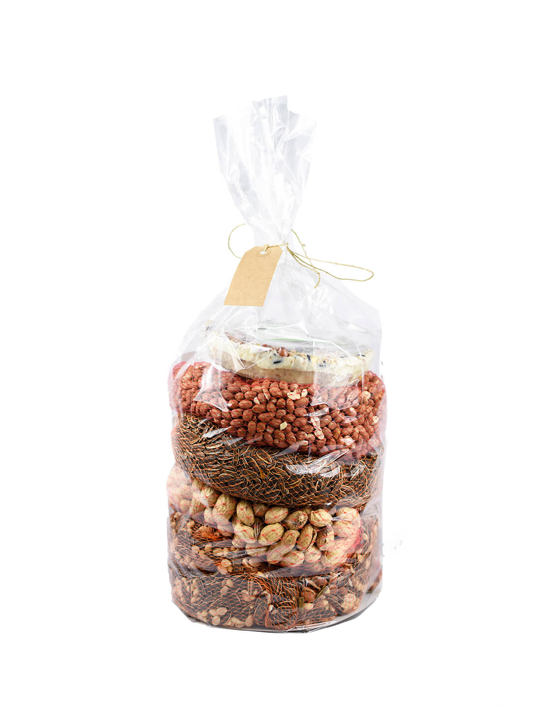 Cadeaupakket vogeltaart met vogelvoer slingers.