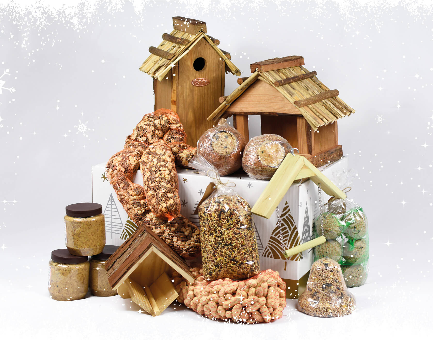 Kerspakket XL voor natuur vogels met vogelhuisje en vogelvoer.