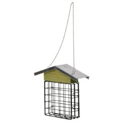 Houten huisje voor vetblokken voor vogels met een metalen dak.