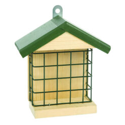 Houten vetblokhouder met groen dak.
