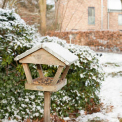 Vogelhuisje in sneeuw voor vogelvoer.