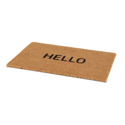 Kokos deurmat met zwarte tekst 'Hello'.