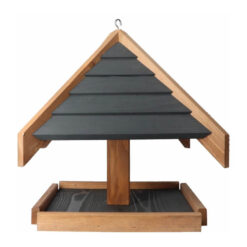 Hängendes schwarz-braunes Vogelfutterhaus.