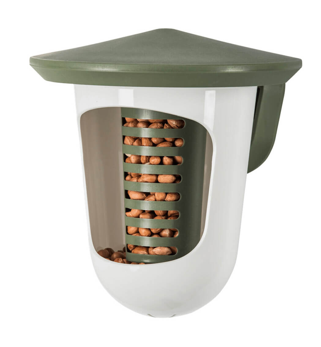 Multi Feedr grün ist ein multifunktionaler Futterautomat für verschiedene Arten von Vogelfutter.