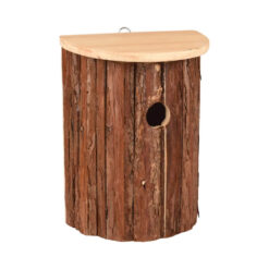 Halfrond houten vogelhuisje met schorshout.