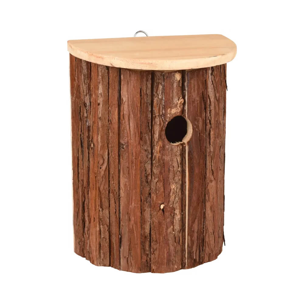 Halfrond houten vogelhuisje met schorshout.