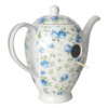 Vogelhaus in Form einer Teekanne mit blauem Blumendruck.