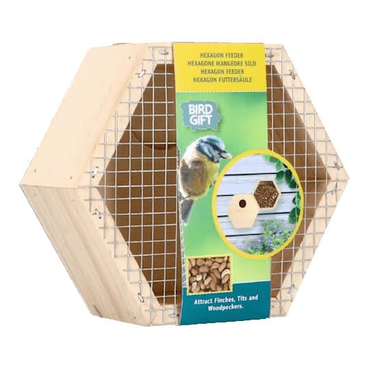 Sechseckiges Futtersilo für Erdnüsse für Vögel.
