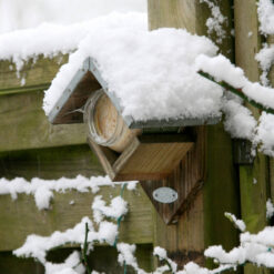 Besneeuwd pindakaashuisje met dak van zink.