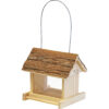Vogelfutterhaus aus Holz mit Rindenüberdachung.