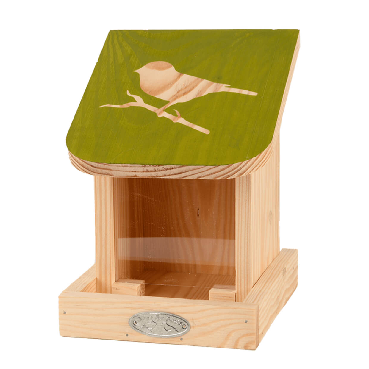 Voederhuis met groen dak met afbeelding van een vogel.