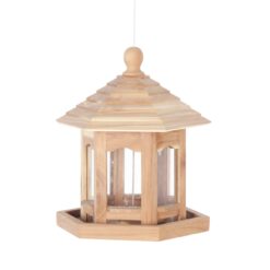 Zeshoekig voederhuisje voor vogels van cederhout.
