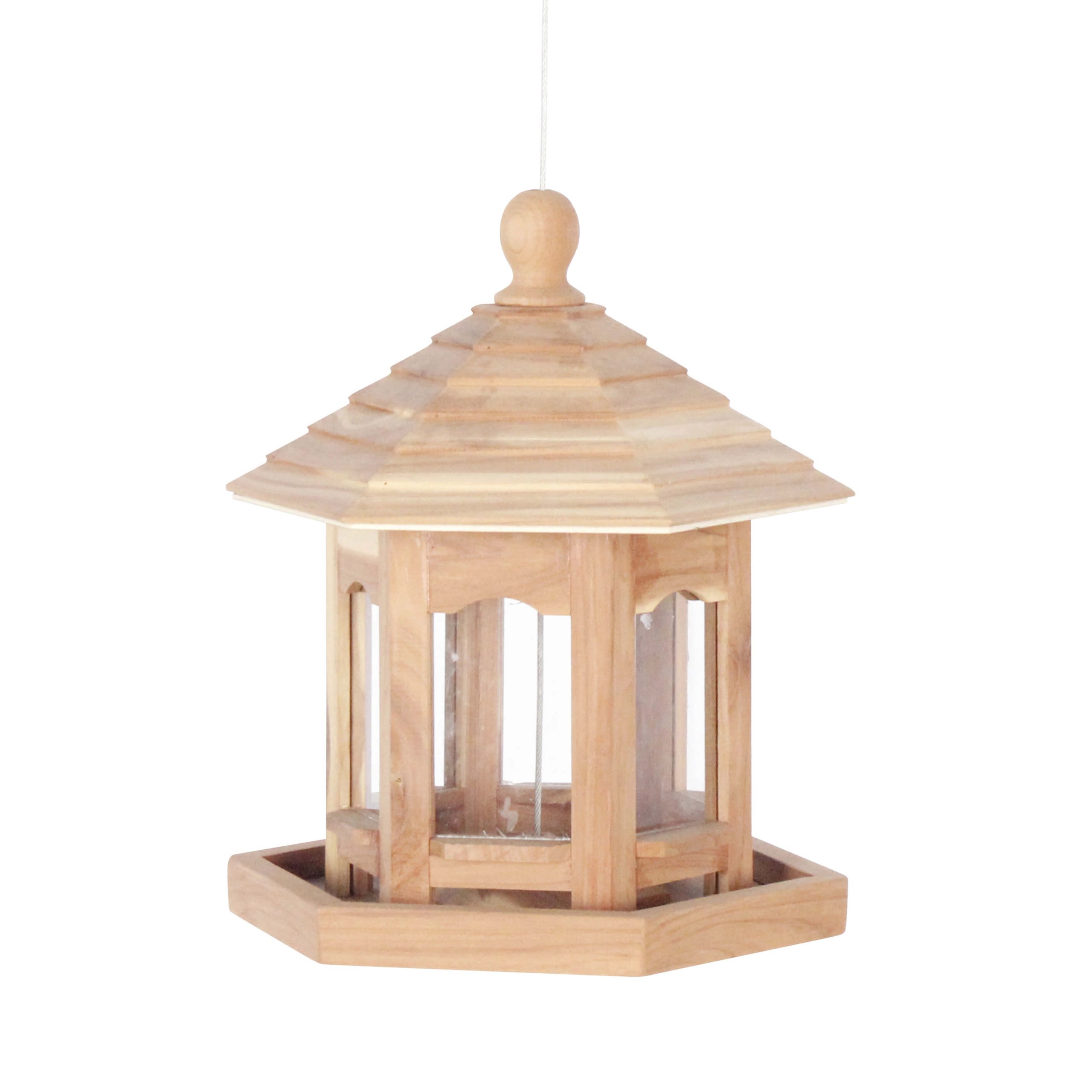 Zeshoekig voederhuisje voor vogels van cederhout.