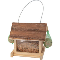 Vogelfutterhäuschen aus Rindenholz für Vogelfutter mit Haken für Futterkugeln.