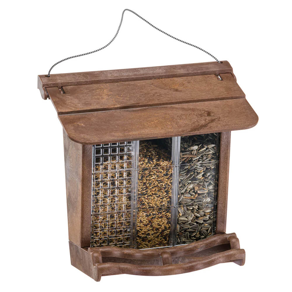 Houtlook voederhuis voor vogels met 3 verschillende vakken voor vogelvoer.