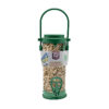 Recyceltes Futtersilo, gefüllt mit Sonnenblumenkernen für Vögel.