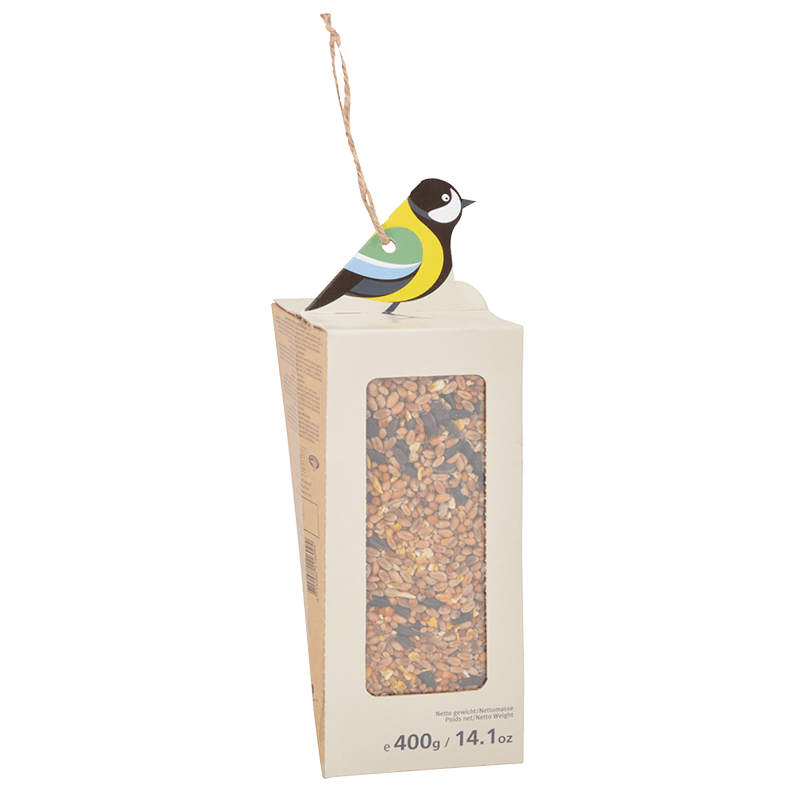Voedersilo karton met vogeltje inclusief vogelzaad