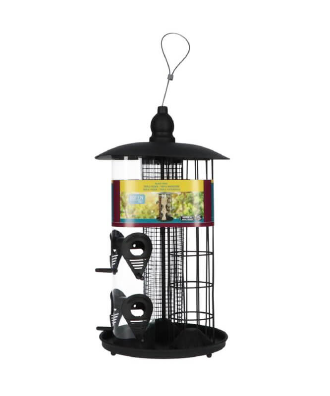 Schwarzes Futtersilo für Gartenvögel, das eine Vielzahl von Vogelfutter enthält.