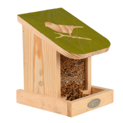 Voederhuisje voor vogelzaad met klapdeksel.