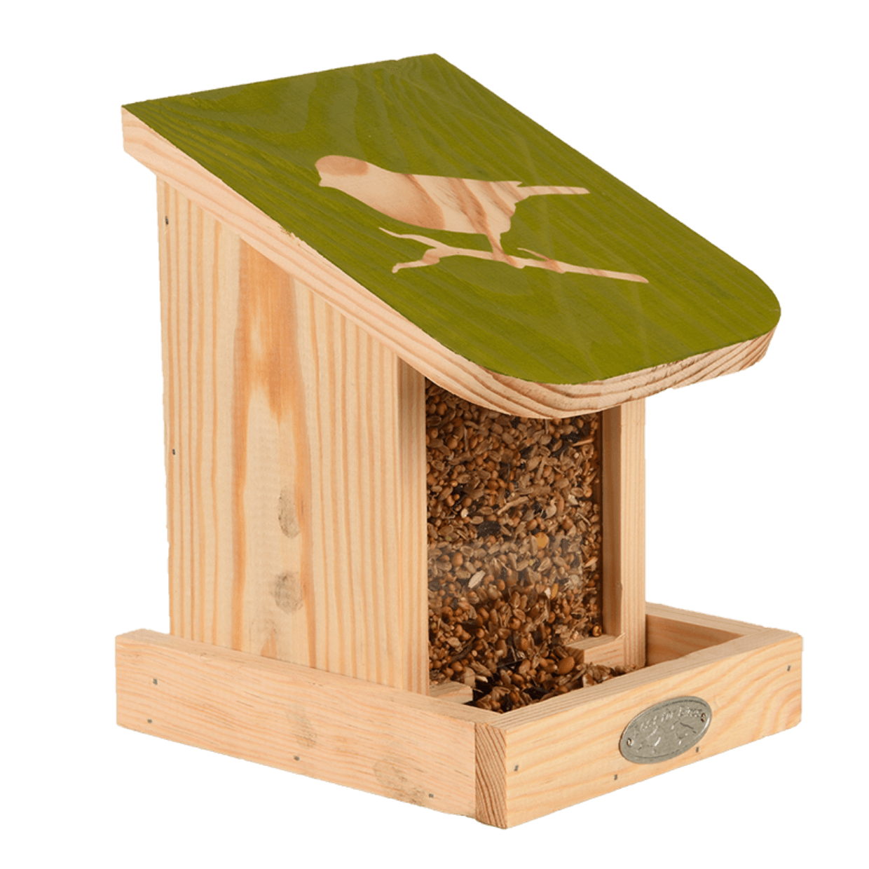 Voederhuisje voor vogelzaad met klapdeksel.