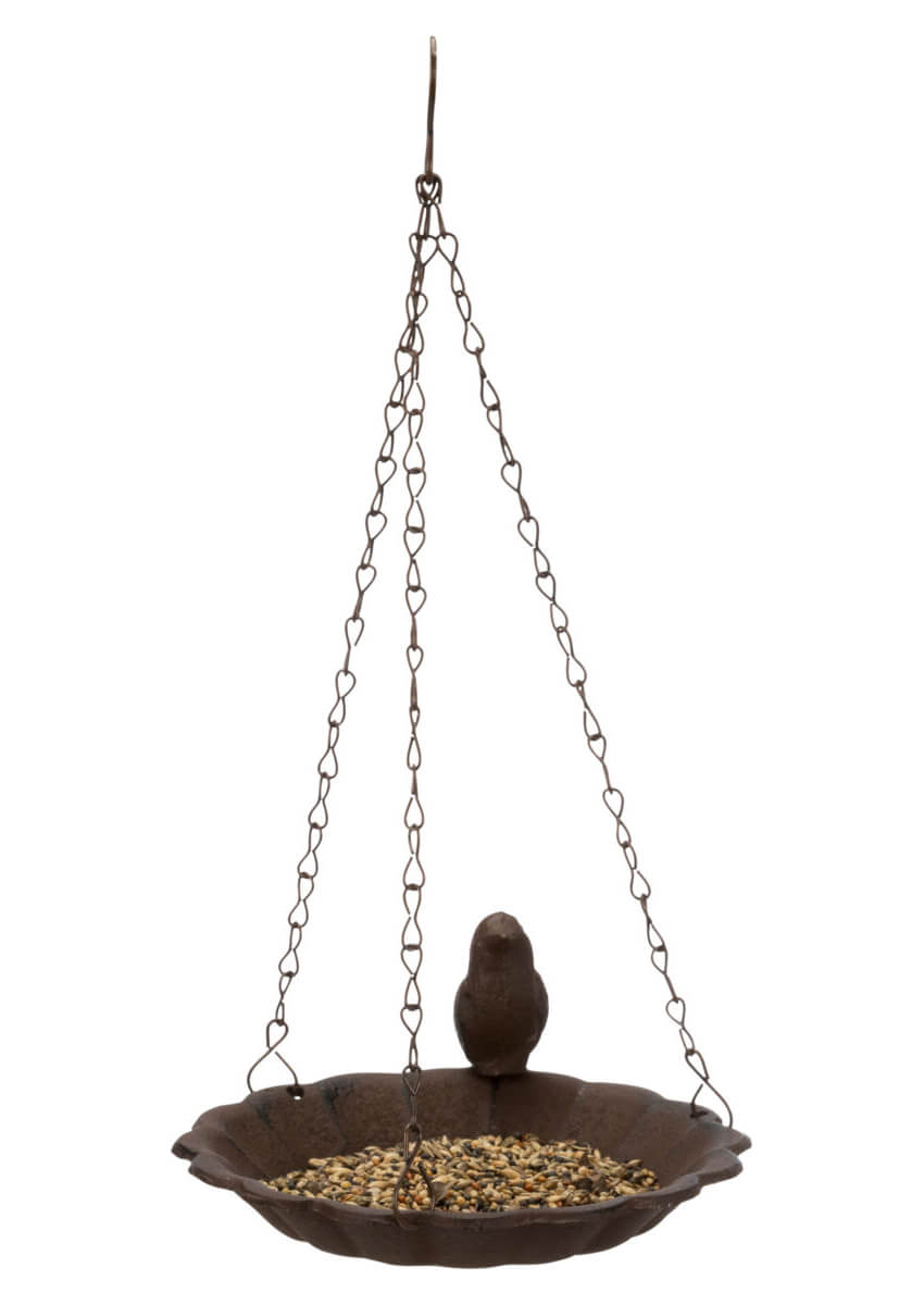 Gietijzeren vogelschaal met vogeltje.