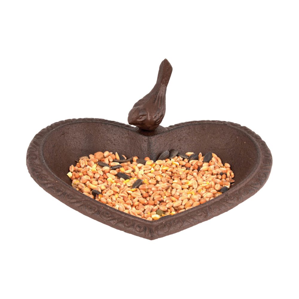 Gietijzeren voederschaal vogels in de vorm van een hartje.