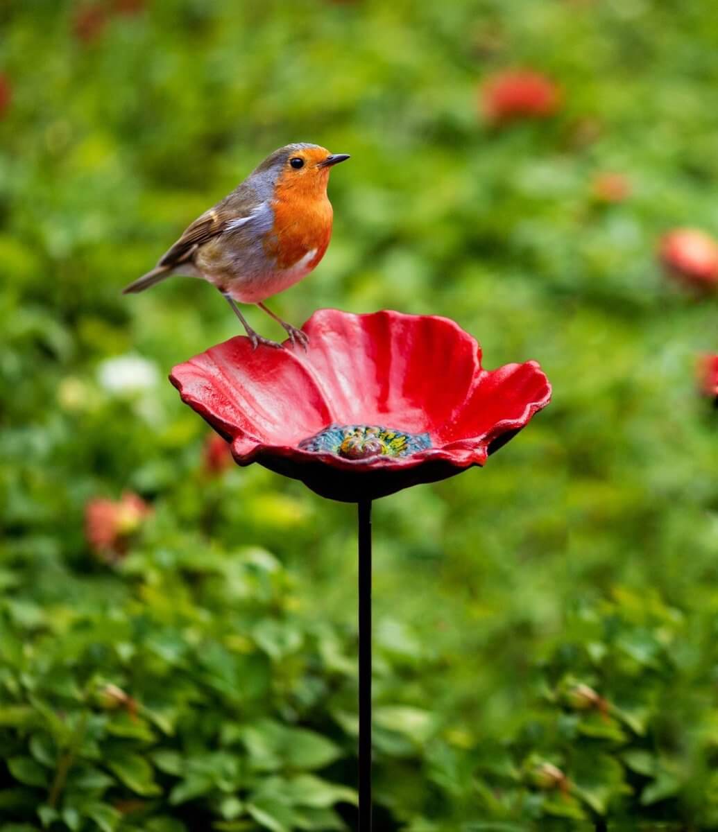 Vogelfutterspender in Form einer Mohnblume.