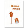 Gratulationskarte neues Haus mit Vogel mit Umzugskarton und Vogelhaus.
