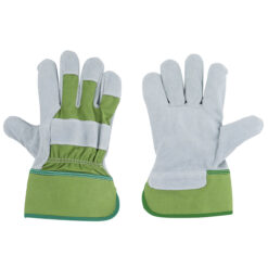 Grüne graue Gartenhandschuhe aus Leder.