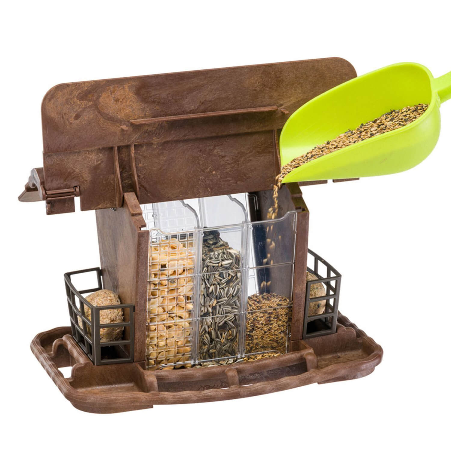 Vogelfutterhaus mit klappbarem Dach.